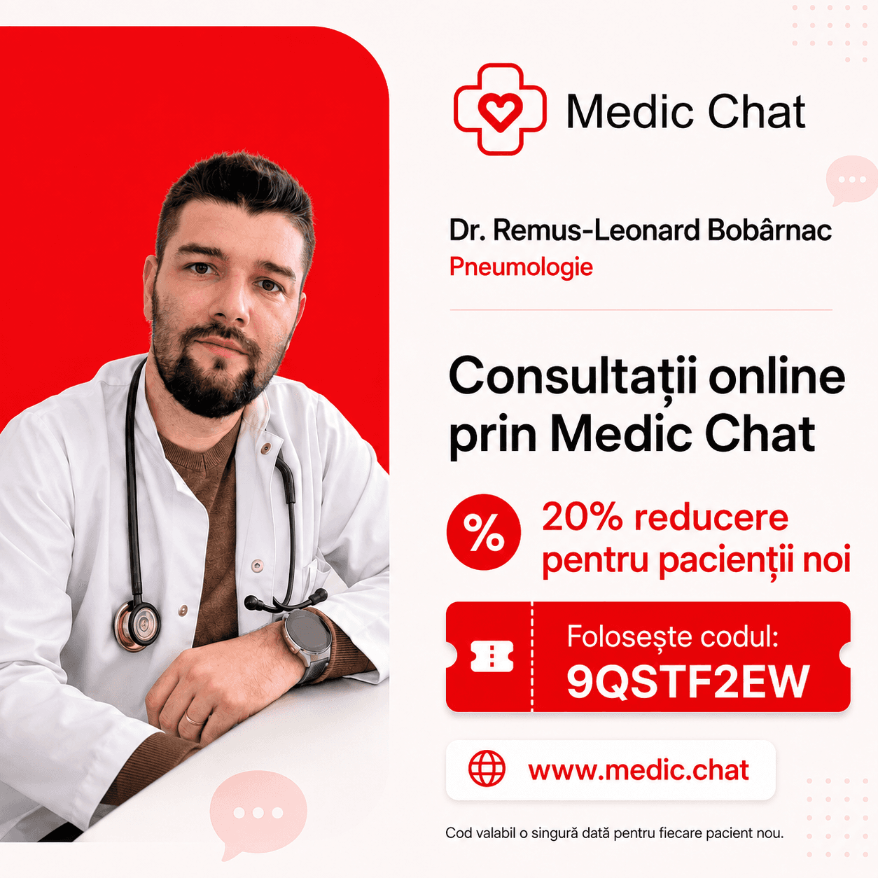 Consultații online prin Medic Chat cu Dr. Remus-Leonard Bobârnac și reducere de 20% pentru pacienții noi